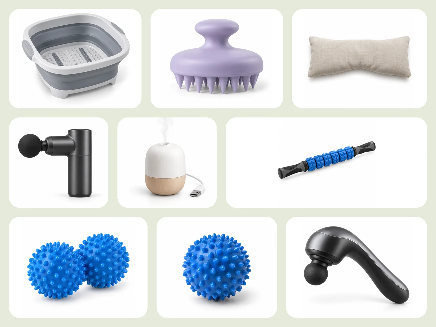 A collage of AURA TENANG products: a foldable foot spa basin, a scalp massage brush, a weighted eye pillow, a mini massage gun, a USB aroma diffuser, a massage roller stick, a pair of massage balls, a foot massage ball and a handheld body massager