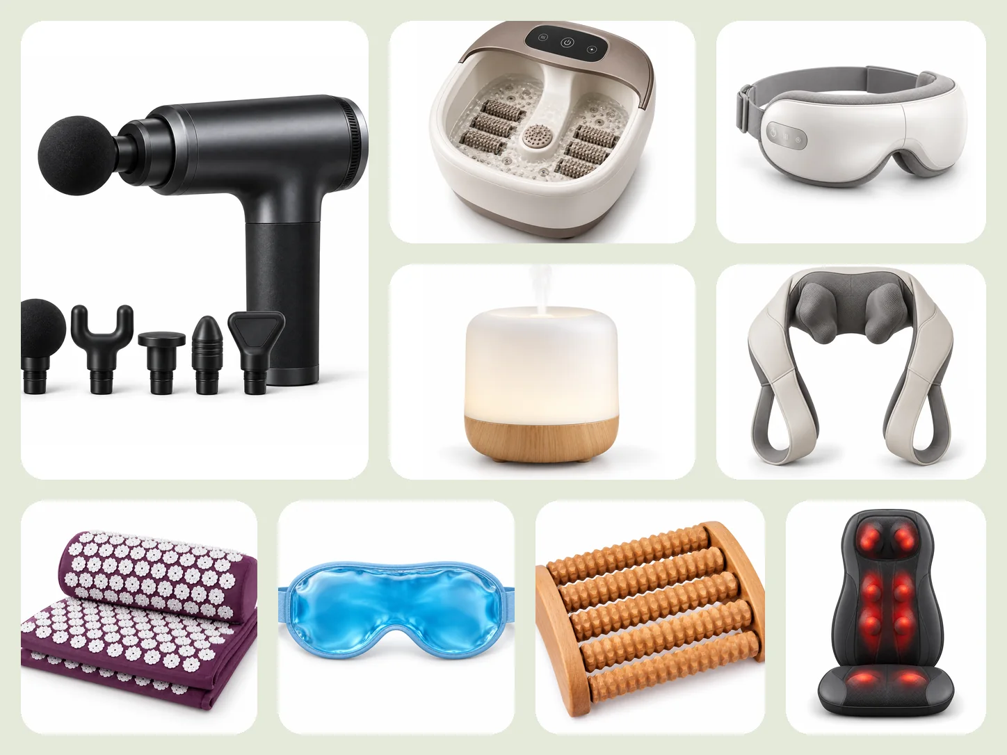 A collage of AURA TENANG products: a percussion massage gun with heads, an electric foot bath, an eye massager, an aroma diffuser, a neck and shoulder massager, an acupressure mat, a cooling gel eye mask, a wooden foot roller and a heated massage cushion